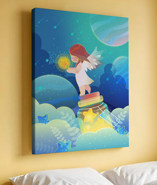 Enchanting angel collecting stars in a dreamy night sky