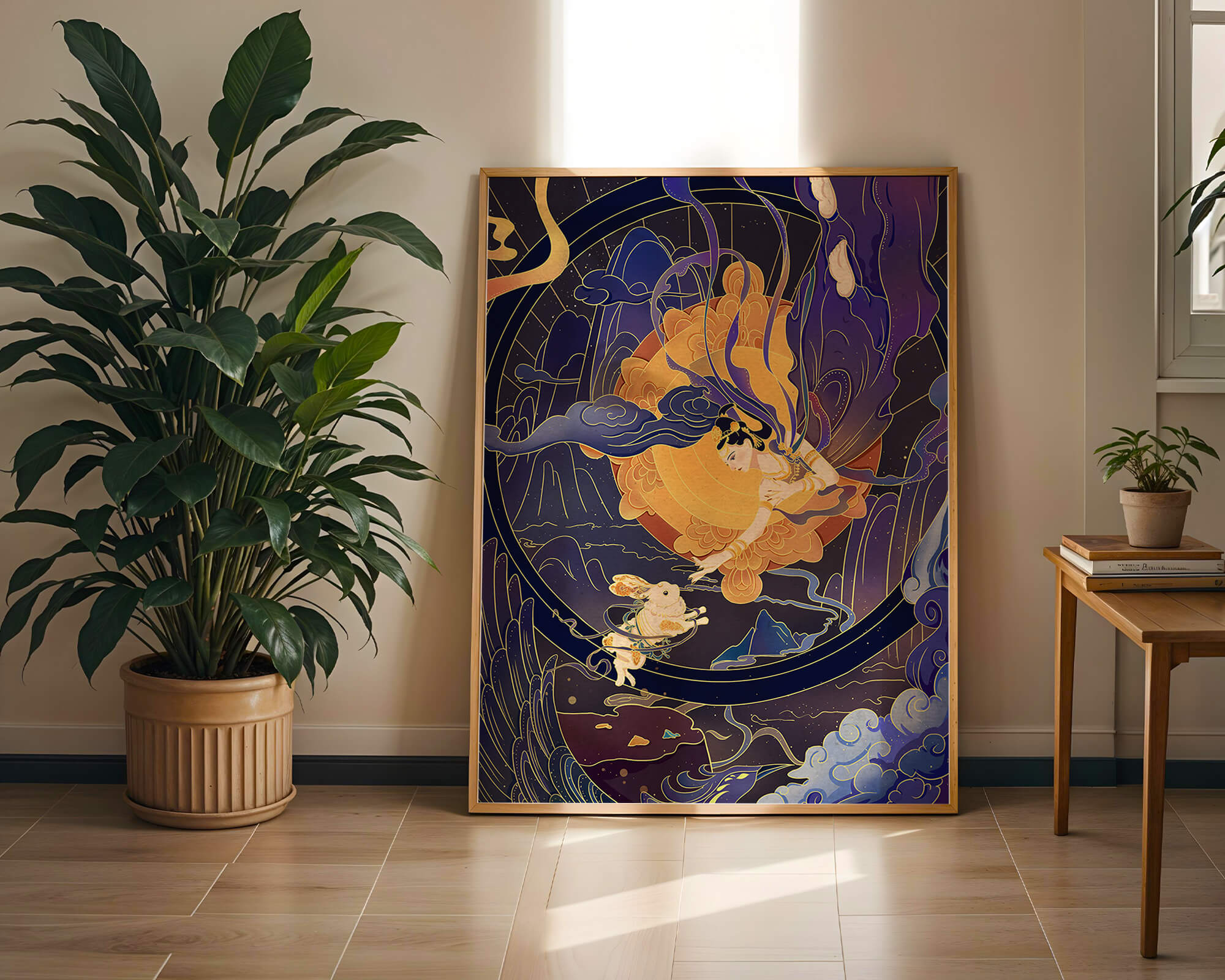 Elegant goddess reaching towards a celestial rabbit in a cosmic scene