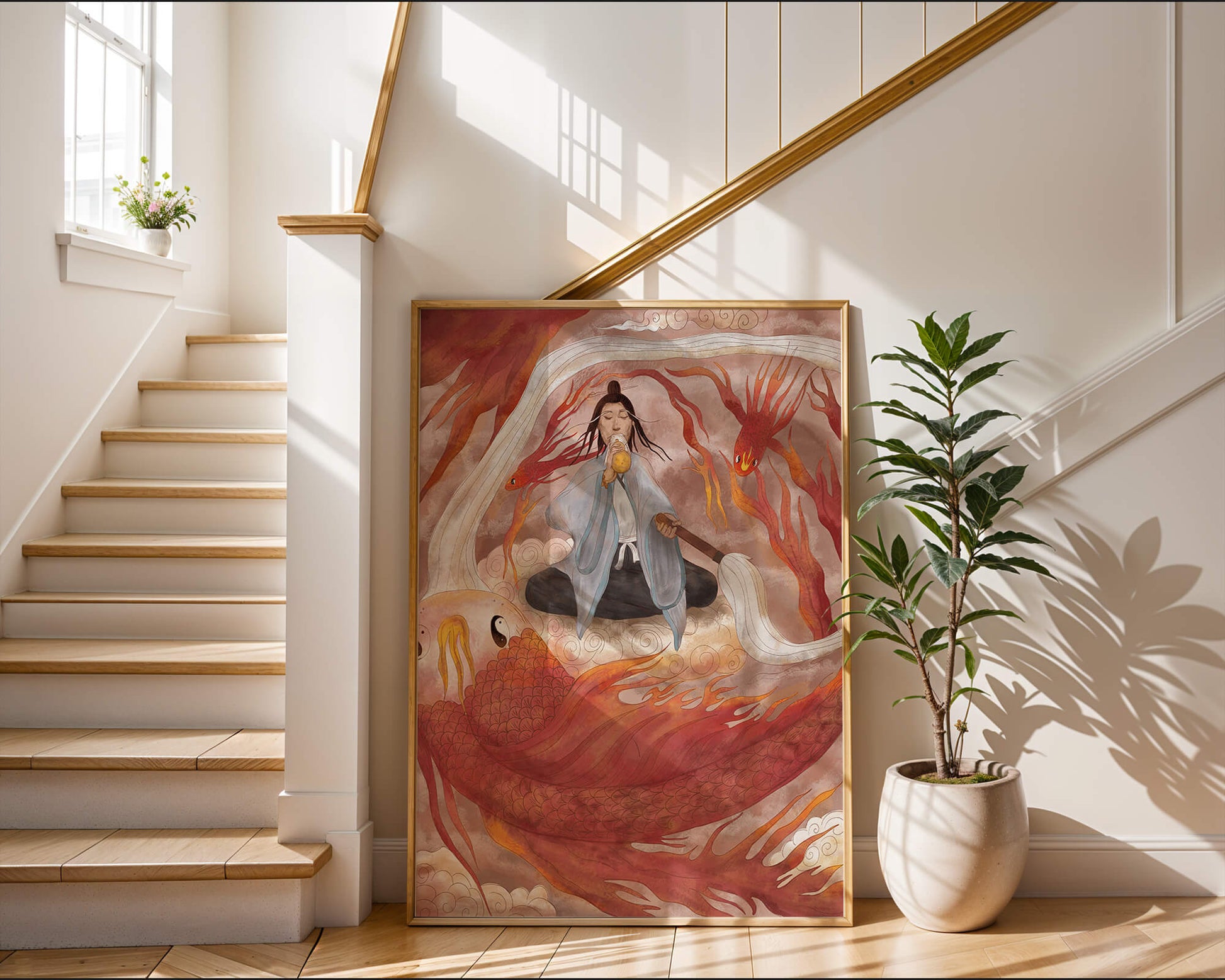 Serene meditation with mystical elements and mythical creatures