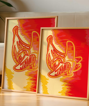 Abstract banana art with vibrant red and orange hues