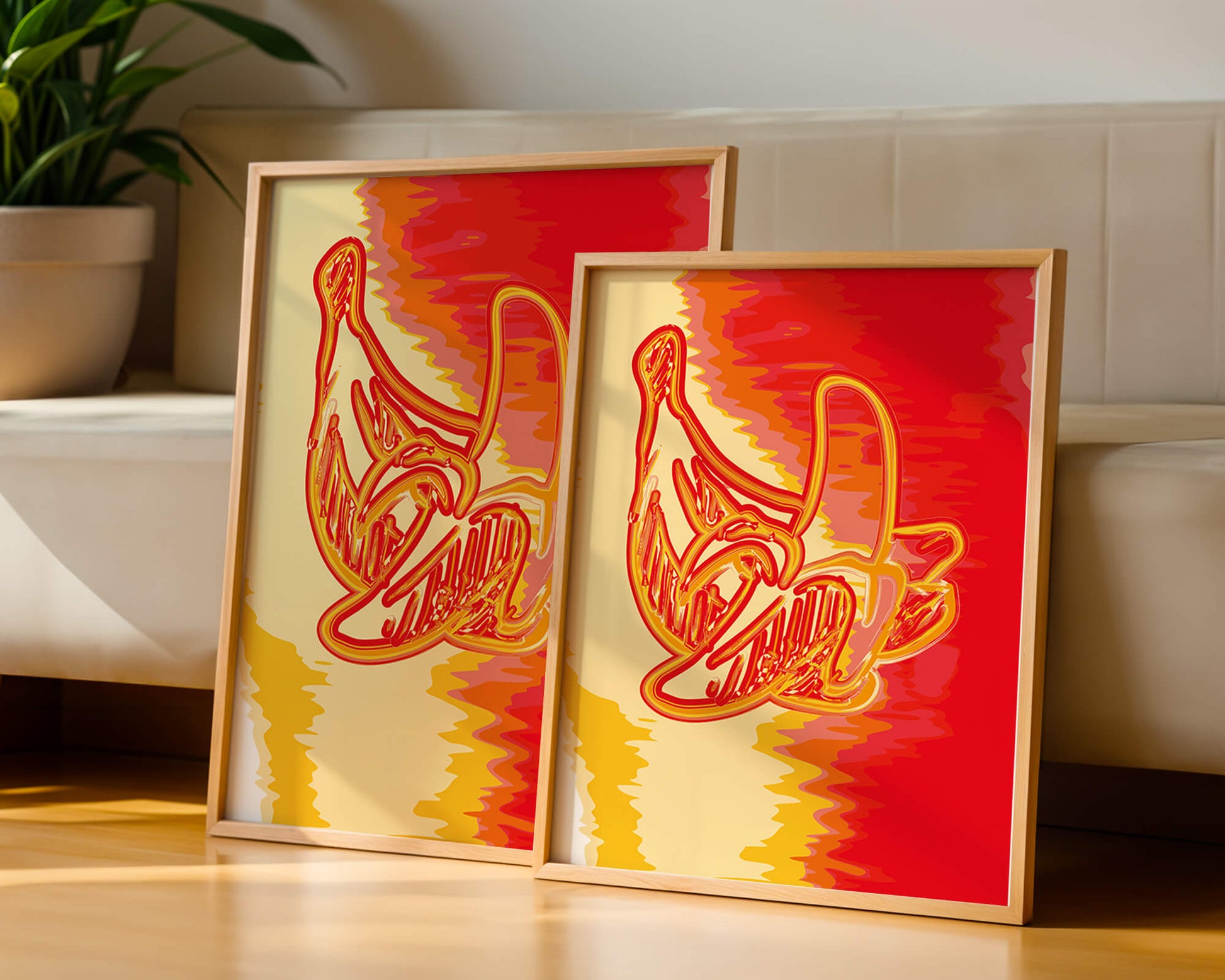 Abstract banana art with vibrant red and orange hues