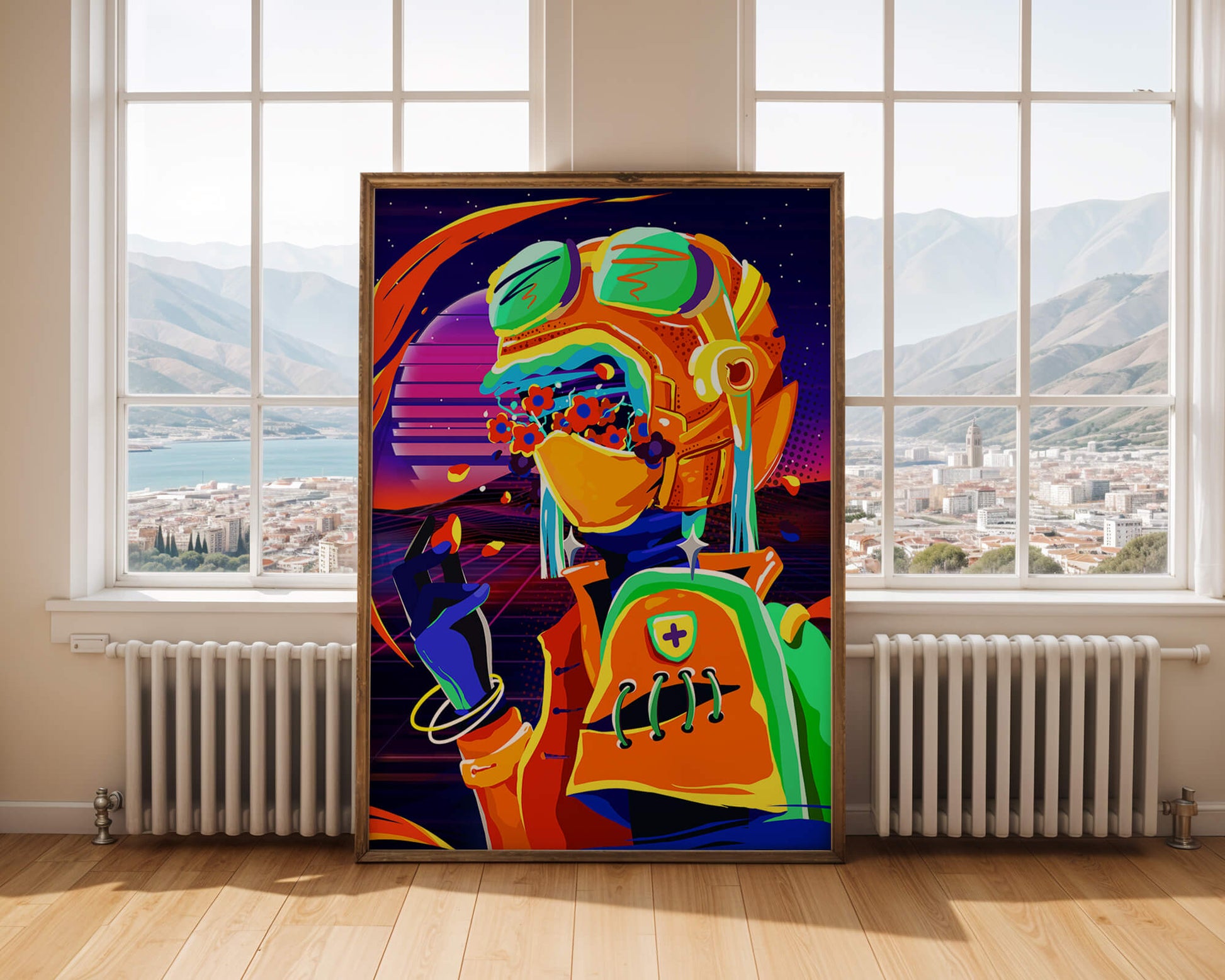 Vibrant futuristic illustration with a colorful character in helmet and flowers