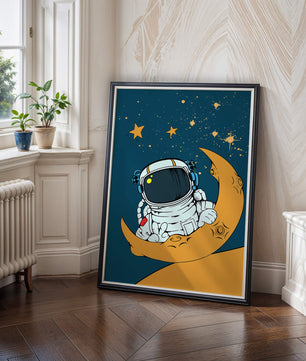 Charming Astronaut Sitting on a Crescent Moon with Stars in Space - Mi tienda