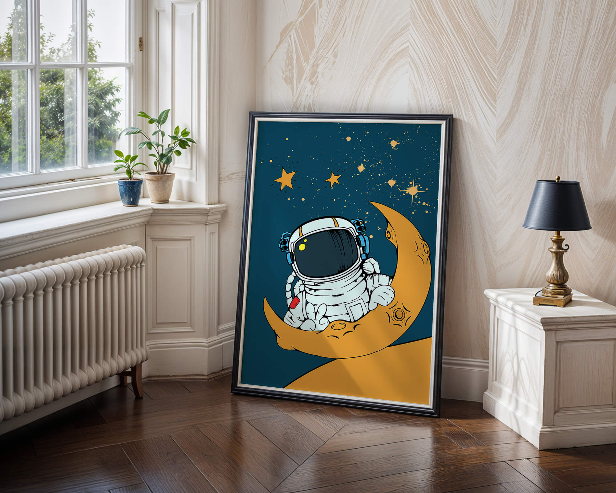 Charming Astronaut Sitting on a Crescent Moon with Stars in Space - Mi tienda