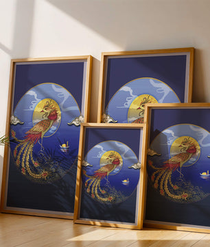Phénix doré aux plumes éclatantes dans un décor marin mystique