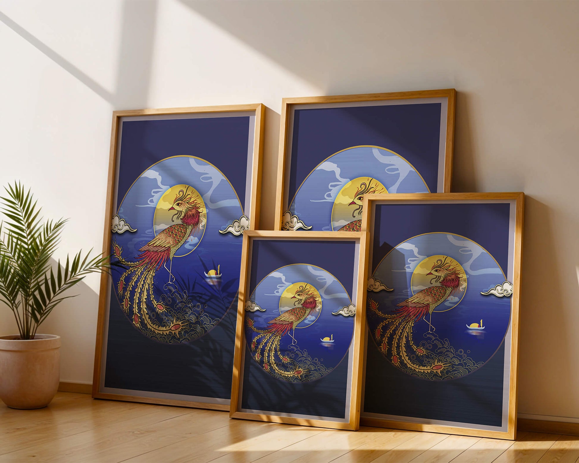 Golden Phoenix with Vibrant Feathers in Mystical Sea Setting