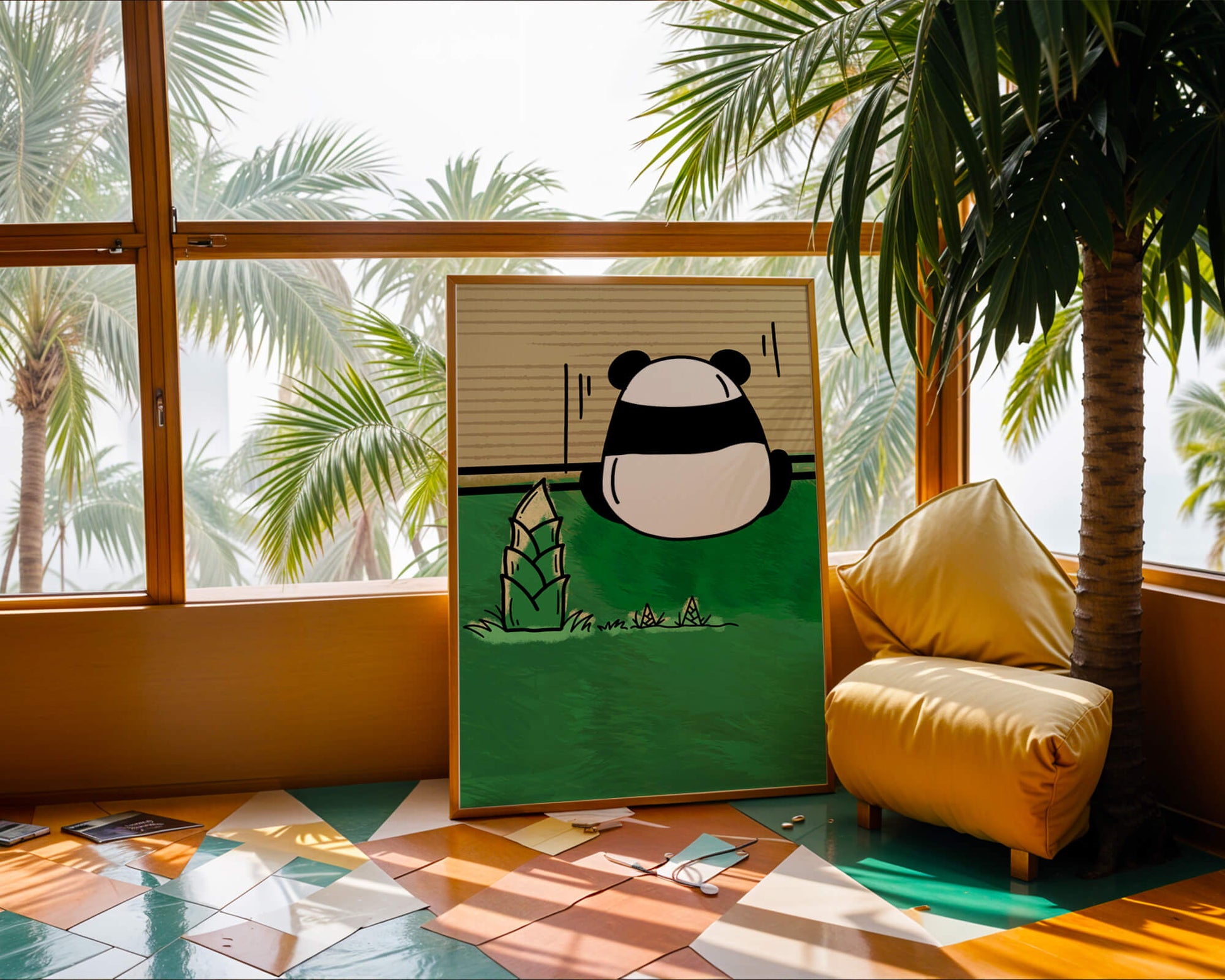 Whimsical panda in a green bamboo forest background