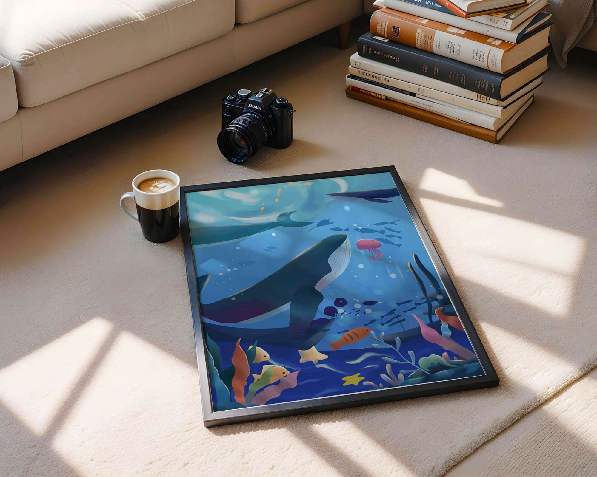 Underwater scene with whales, fish, and coral reef