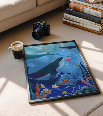 Underwater scene with whales, fish, and coral reef