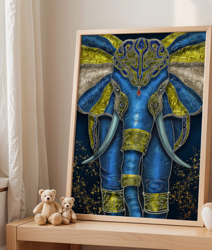 Blue and gold ornate elephant with intricate patterns