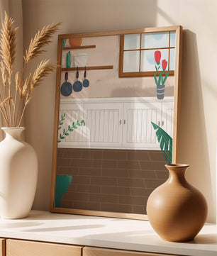 Cozy kitchen interior with wooden accents and potted plants