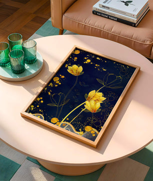 Elegant floral artwork with golden accents on deep blue background