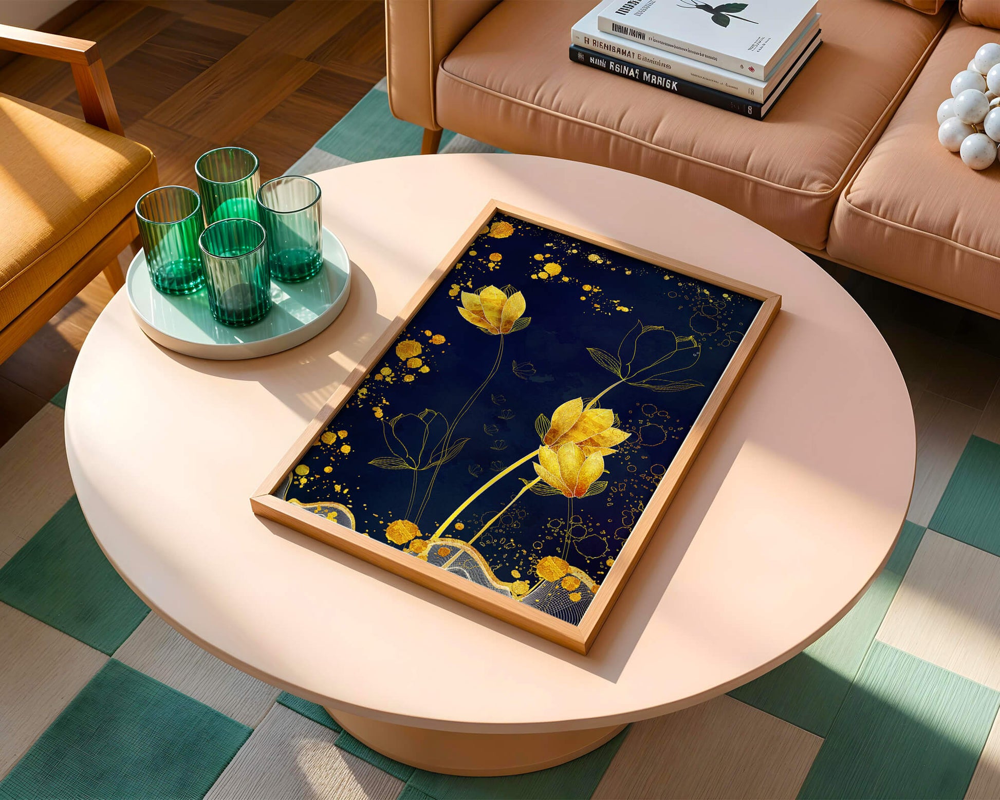 Elegant floral artwork with golden accents on deep blue background