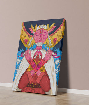 Surreal illustration of a mystical creature with golden horns and vibrant elements