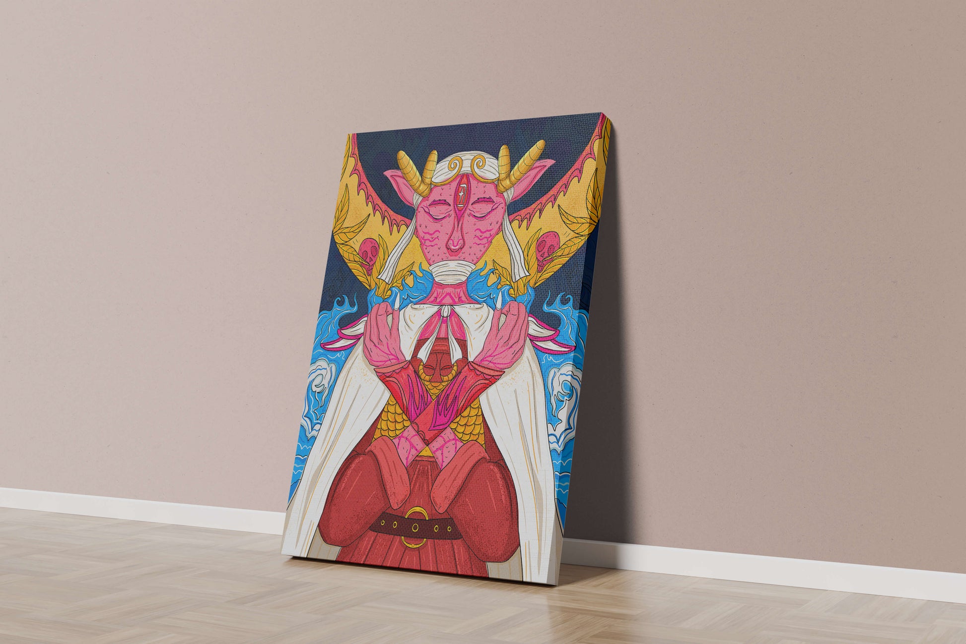 Surreal illustration of a mystical creature with golden horns and vibrant elements