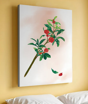 Ilustración detallada de una rama floreciente con flores rojas vivas y hojas verdes exuberantes