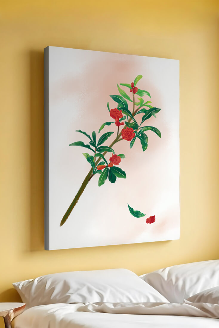 Detailed illustration of a flowering branch with vivid red blooms and lush green leaves
