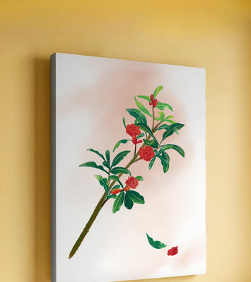 Detailed illustration of a flowering branch with vivid red blooms and lush green leaves