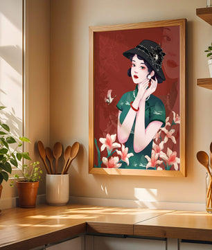 Elegant woman in vintage attire with floral hat and lilies