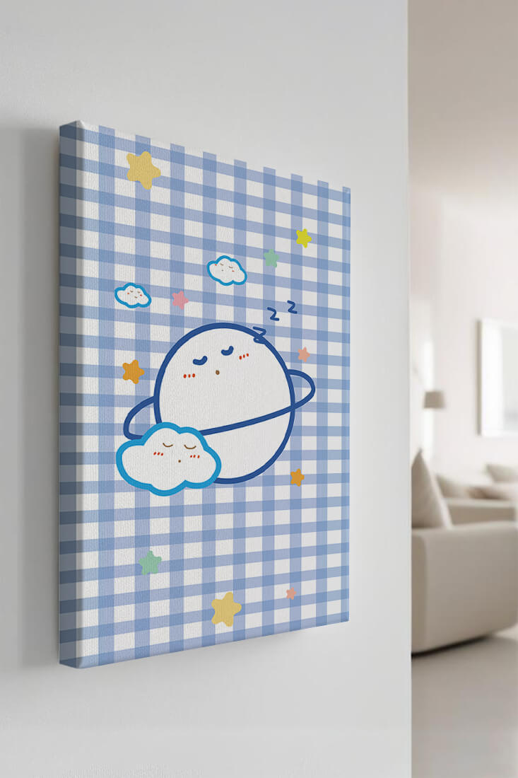 Whimsical sleep theme with planets and clouds on a checkered background