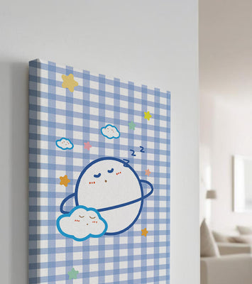 Whimsical sleep theme with planets and clouds on a checkered background