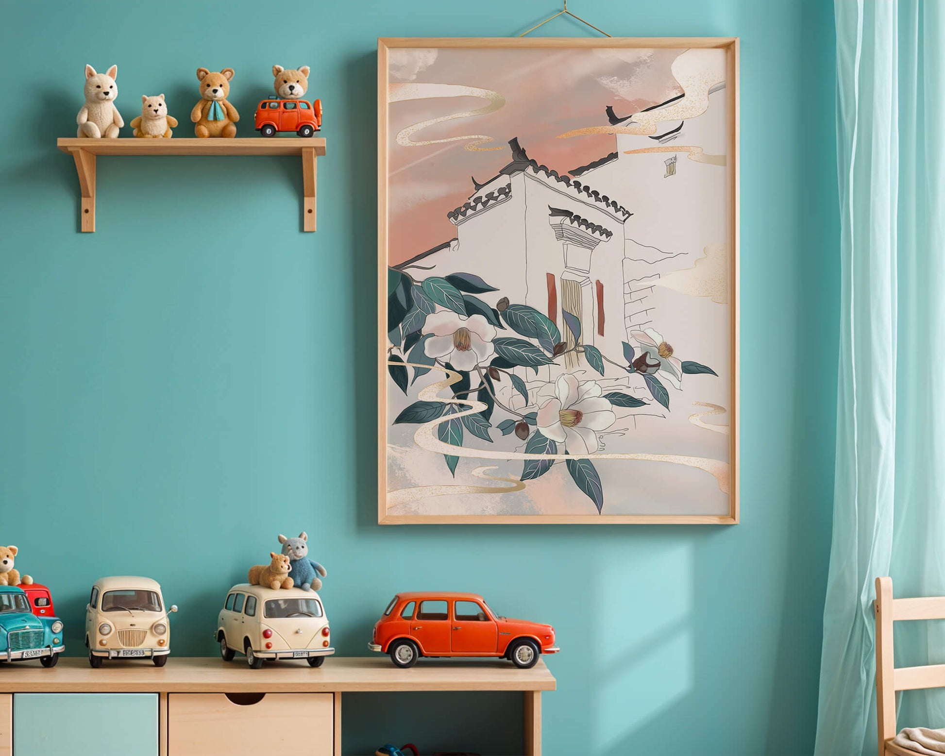 Escena arquitectónica serena con flores y cielo de atardecer