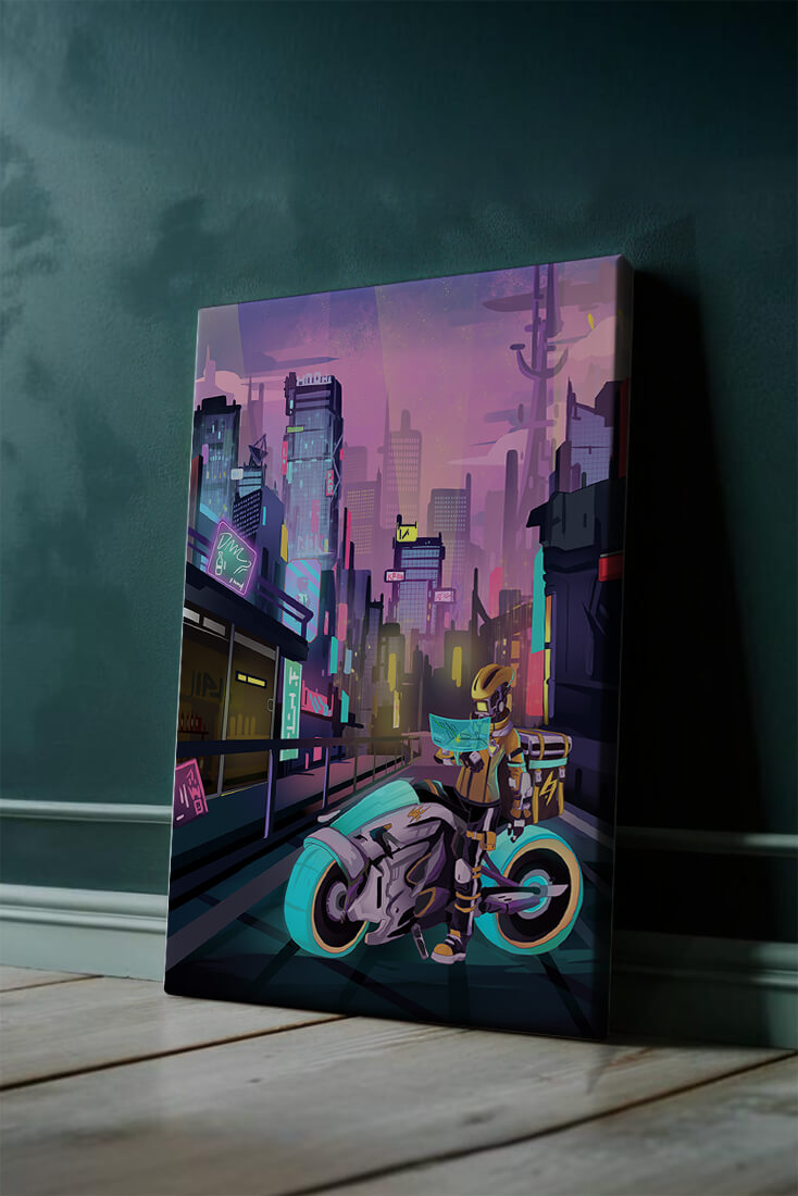 Futuristic Cyberpunk Cityscape with Neon Rider and Motorcycle