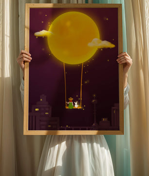 Whimsical night scene with a girl and a rabbit on a swing beneath a glowing moon
