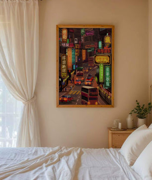 Vibrant urban street with neon signs and bustling traffic at night