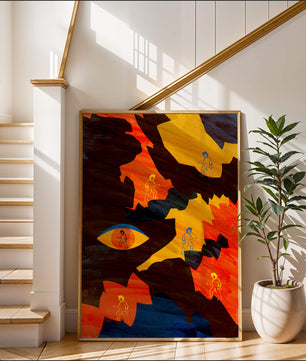 Abstract colorful artwork with eye and silhouettes