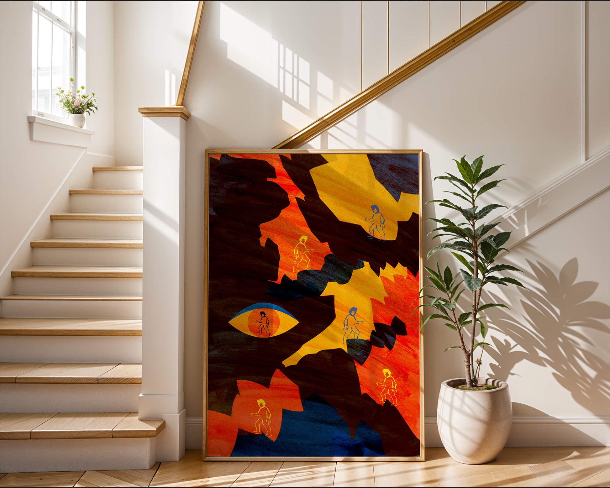 Abstract colorful artwork with eye and silhouettes