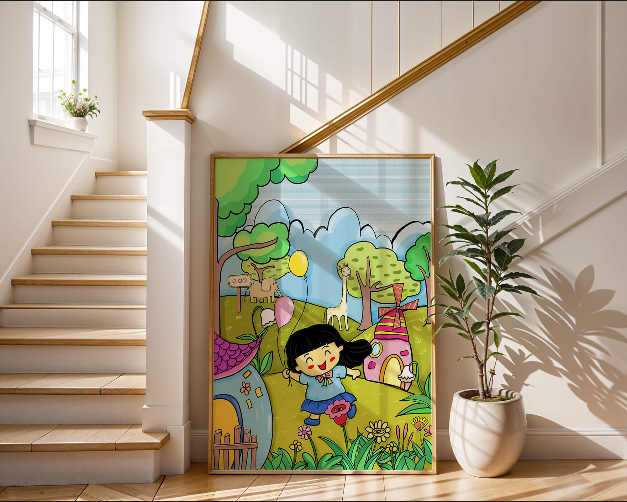 Colorful children's illustration of a joyful zoo visit with animals