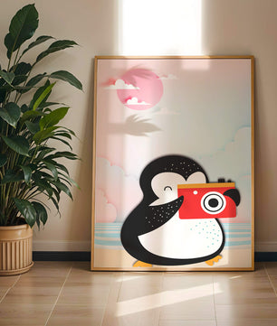 Whimsical penguin illustration with a camera on a pastel beach