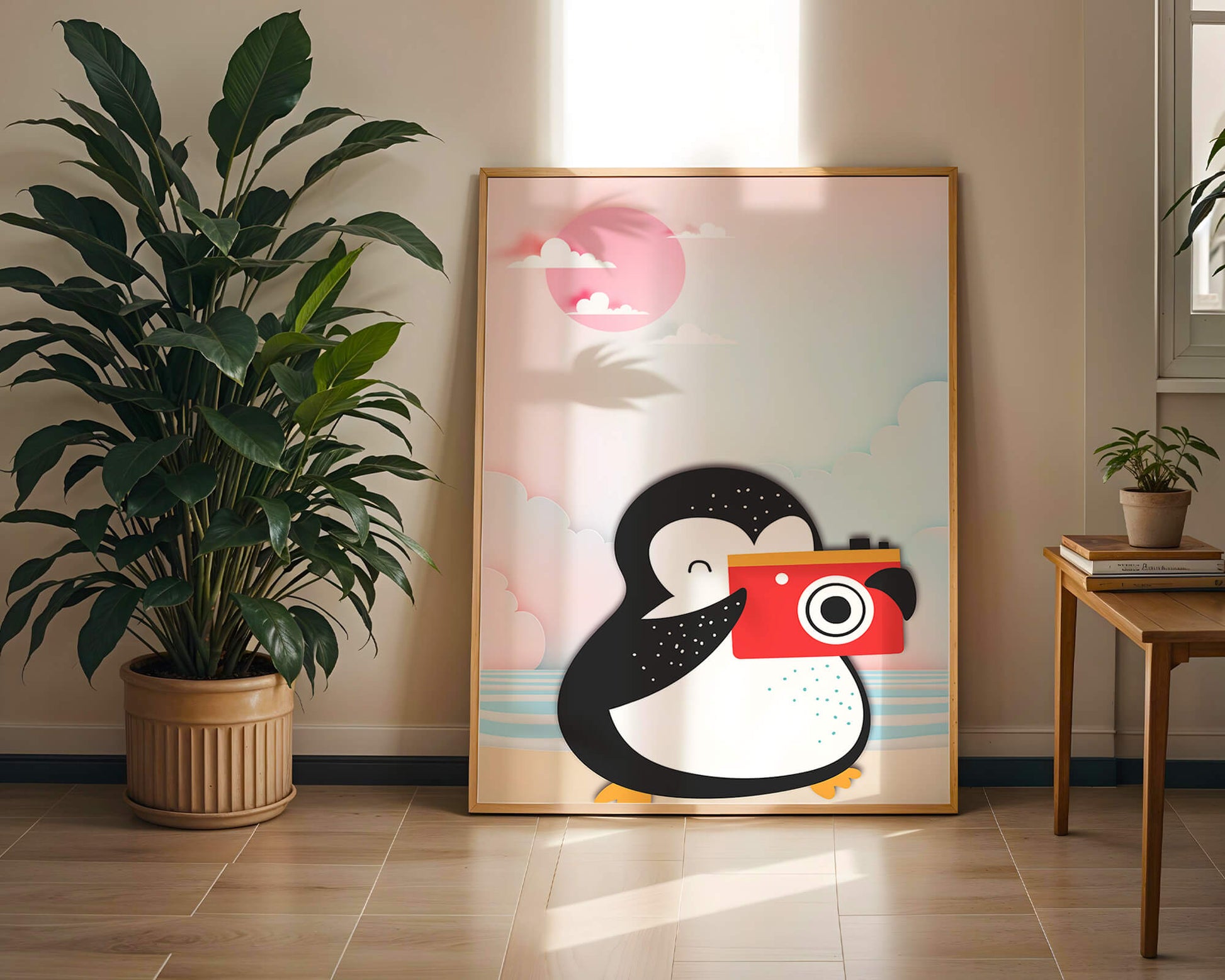 Whimsical penguin illustration with a camera on a pastel beach