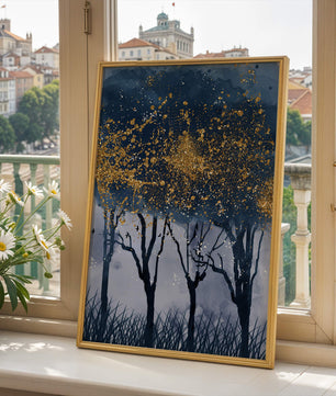 Mystical forest landscape with gold splatter art
