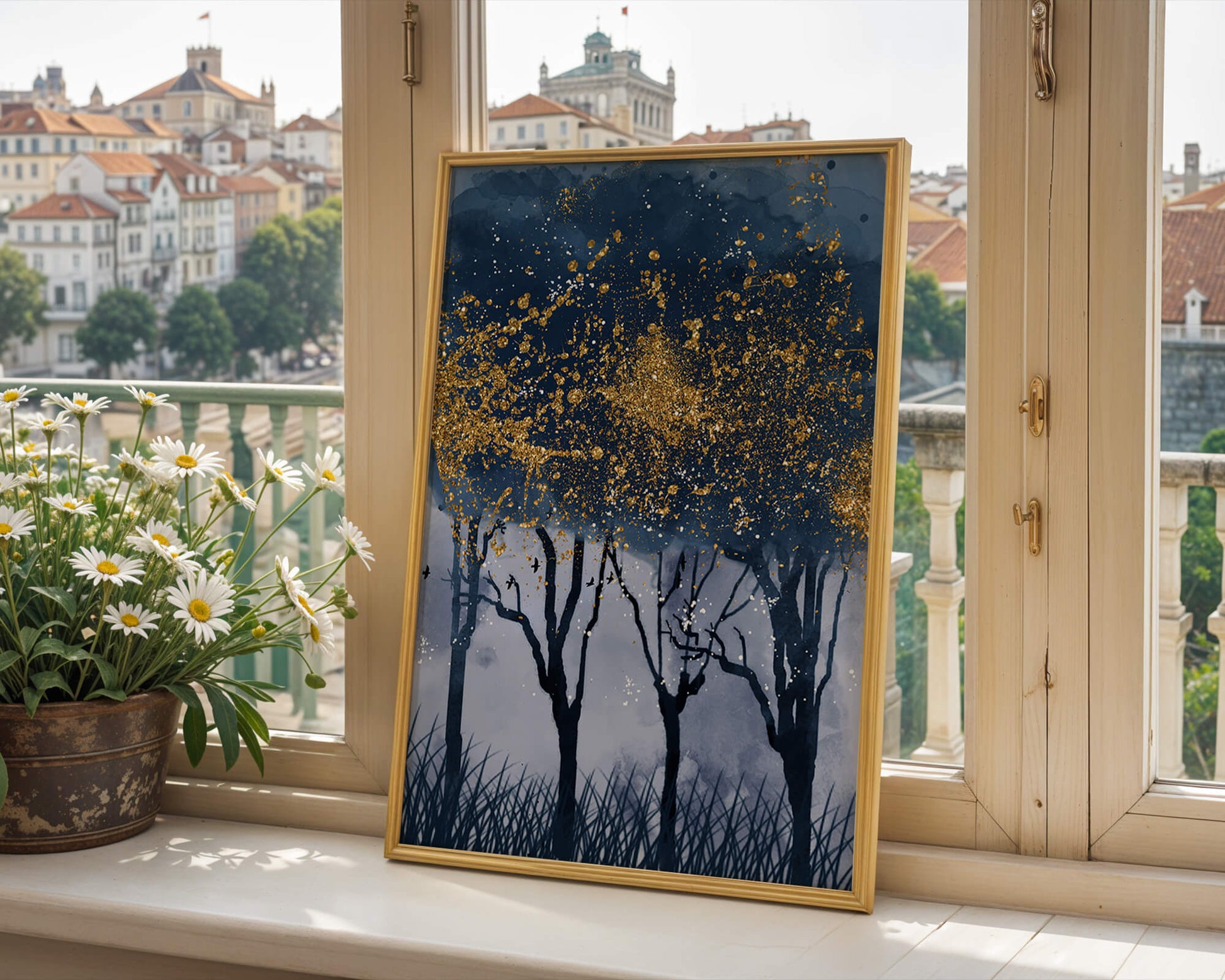Mystical forest landscape with gold splatter art