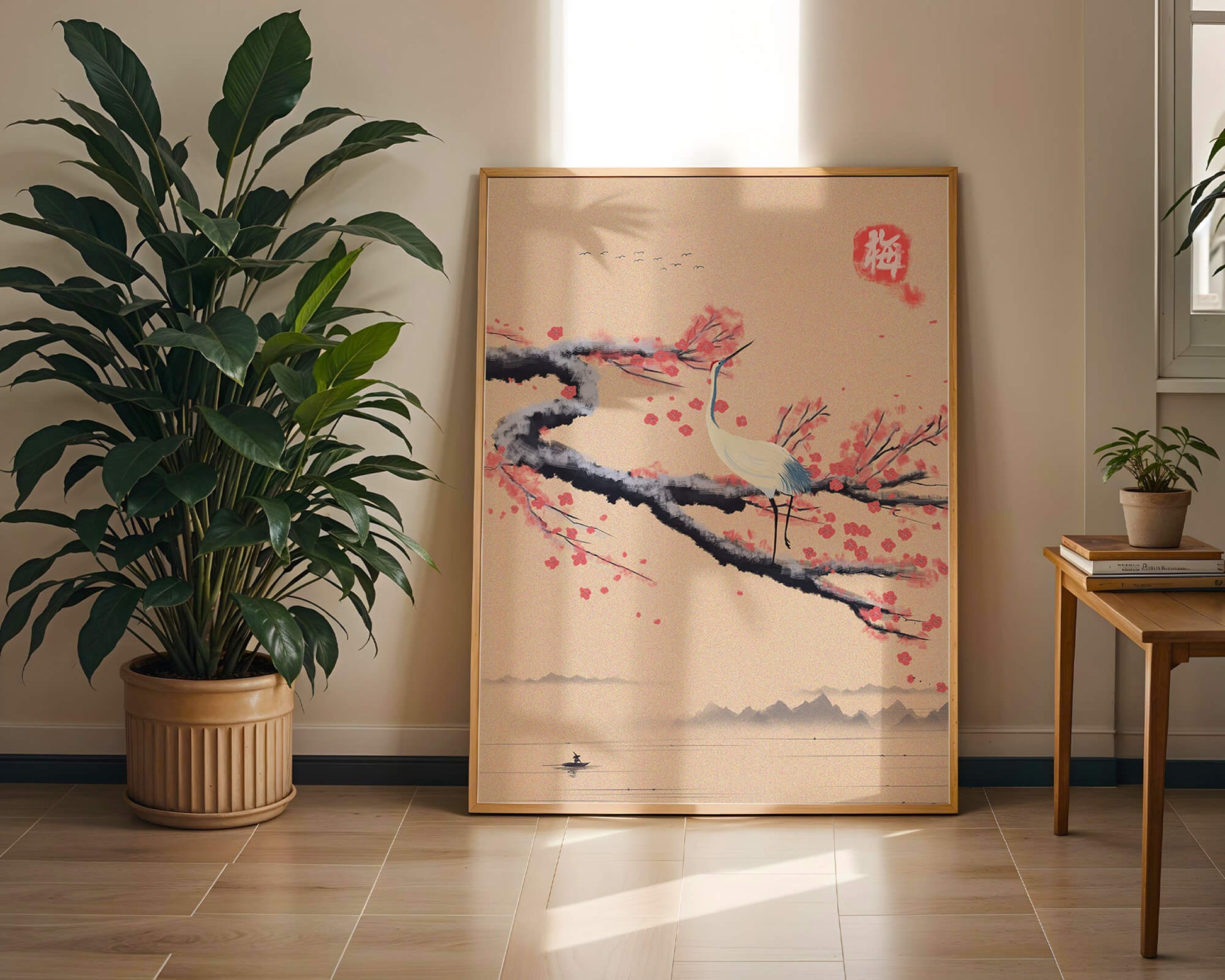 Elegant crane on cherry blossom branch with serene landscape