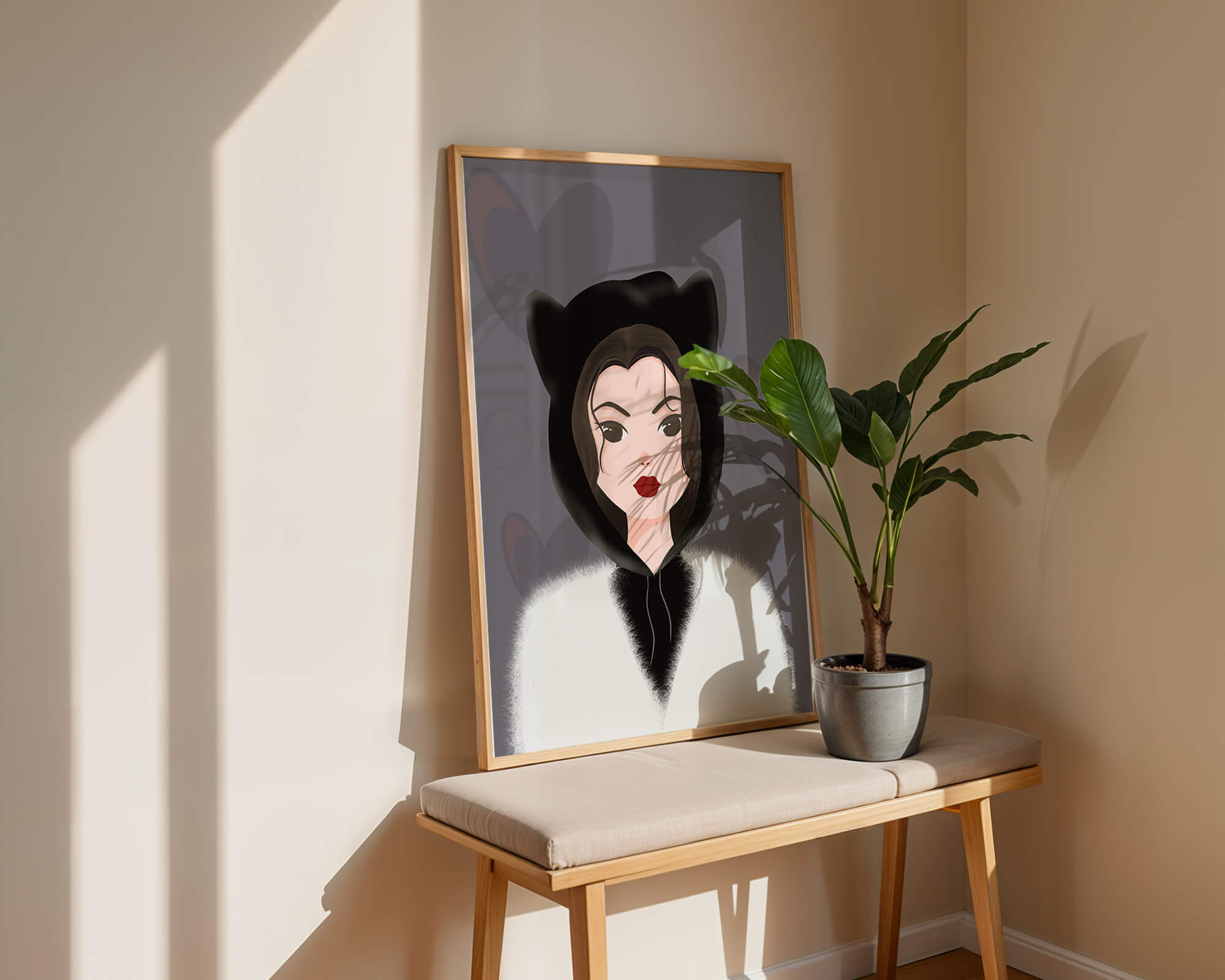 Illustration of a woman in a cat hoodie on a soft gray background