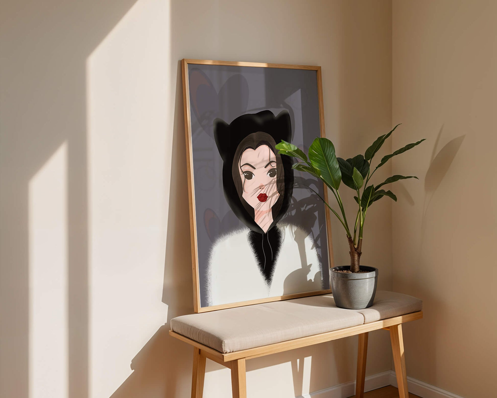 Illustration of a woman in a cat hoodie on a soft gray background