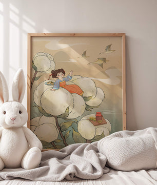 Illustration d'une fille sur des fleurs géantes avec des oiseaux volants et de la nourriture
