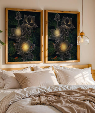 Beautiful lotus flowers with glow effect and koi fish - Mi tienda