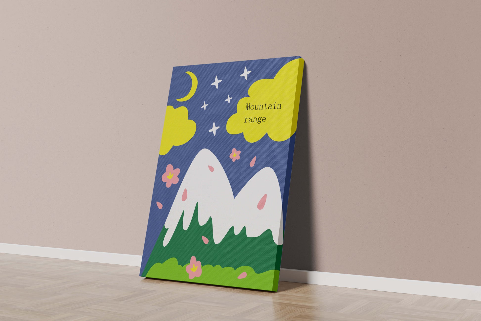 Stylized mountain landscape with starry night background and vibrant clouds