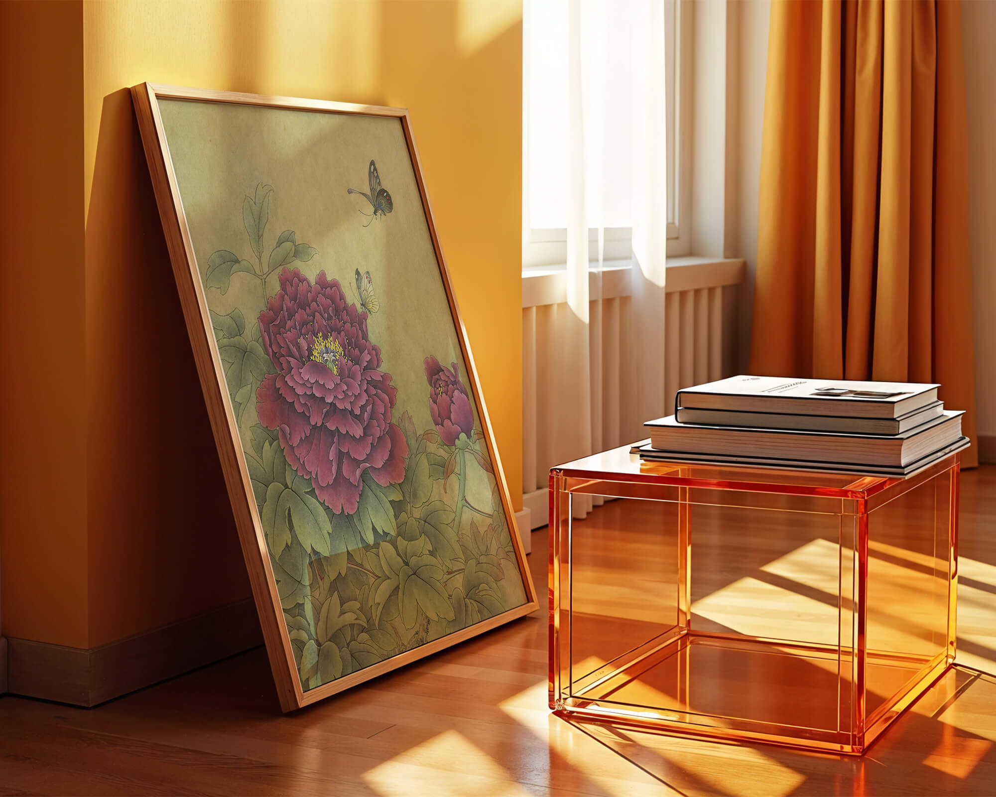 Delicate peonies with butterflies in a serene natural setting