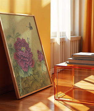 Delicate peonies with butterflies in a serene natural setting