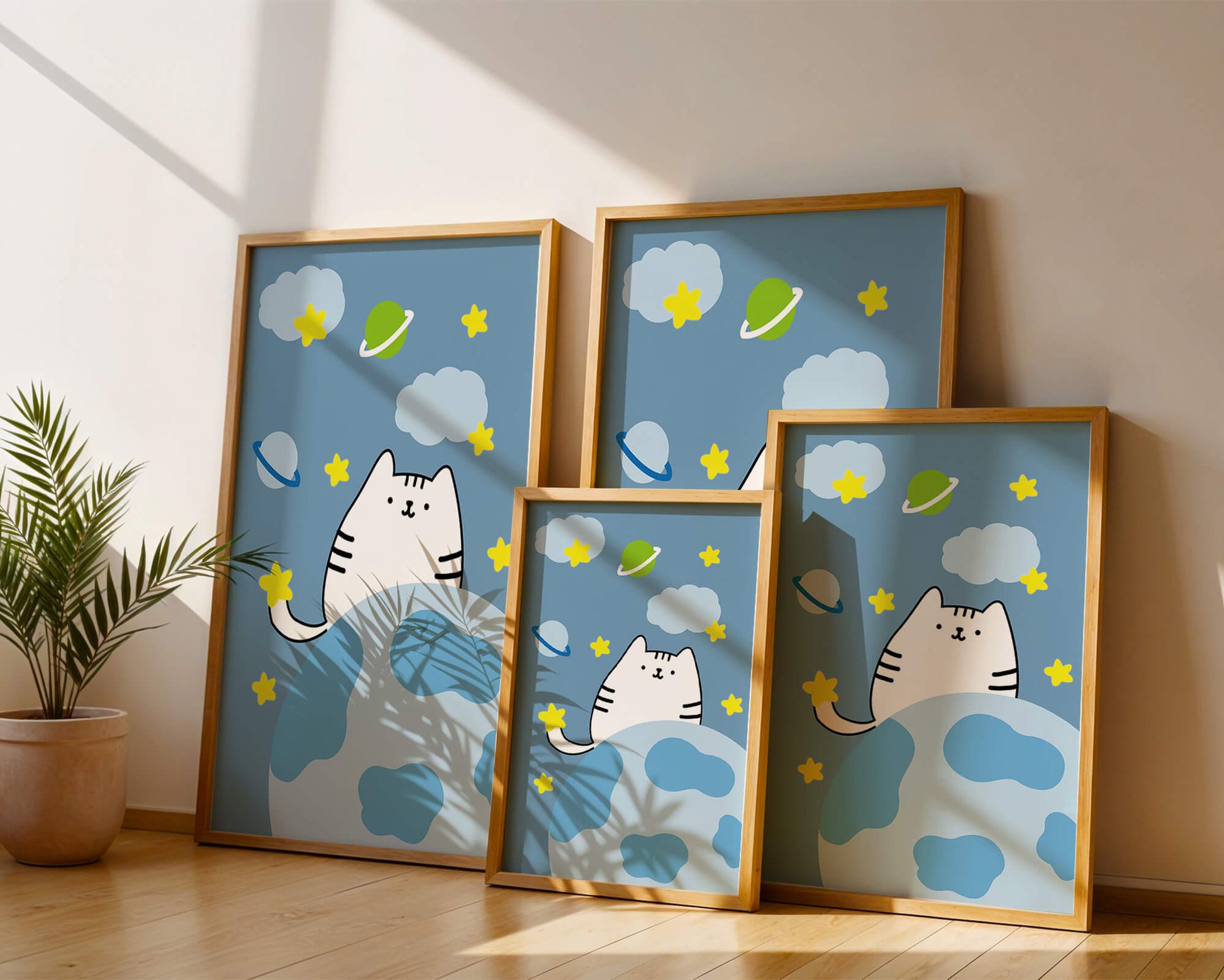 Ilustración encantadora de un gatito en una escena espacial caprichosa con nubes y estrellas