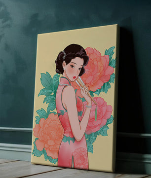 Elegant woman in traditional dress with floral background