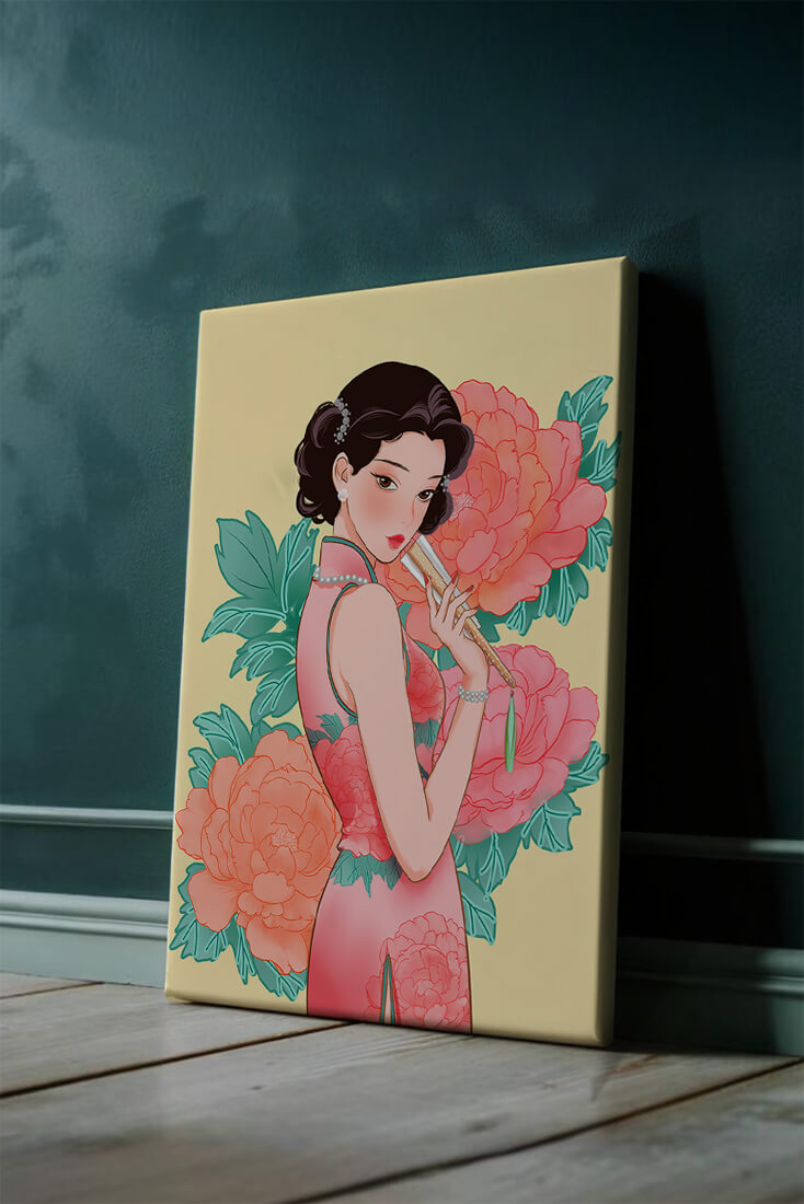 Elegant woman in traditional dress with floral background