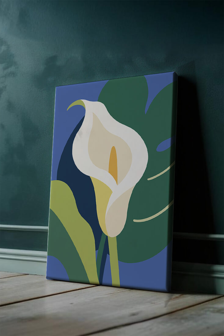 Ilustración floral abstracta con fondo verde y azul