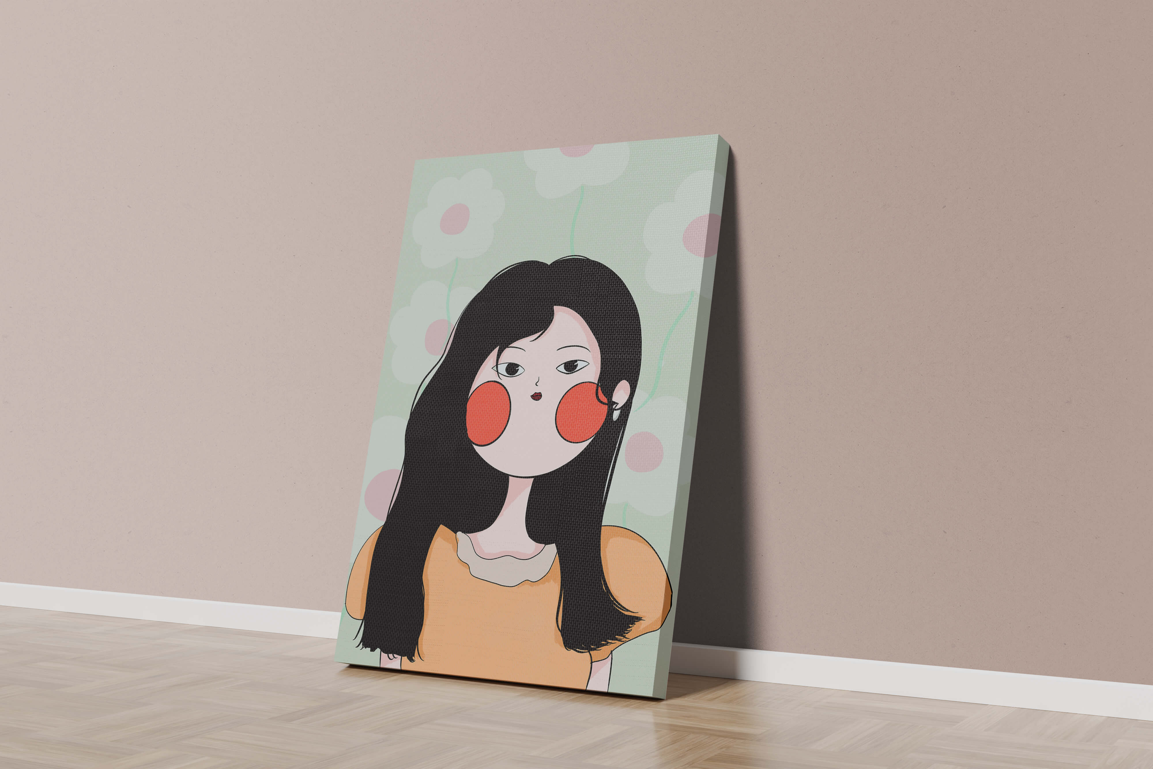 Charming illustration of a young woman with floral background