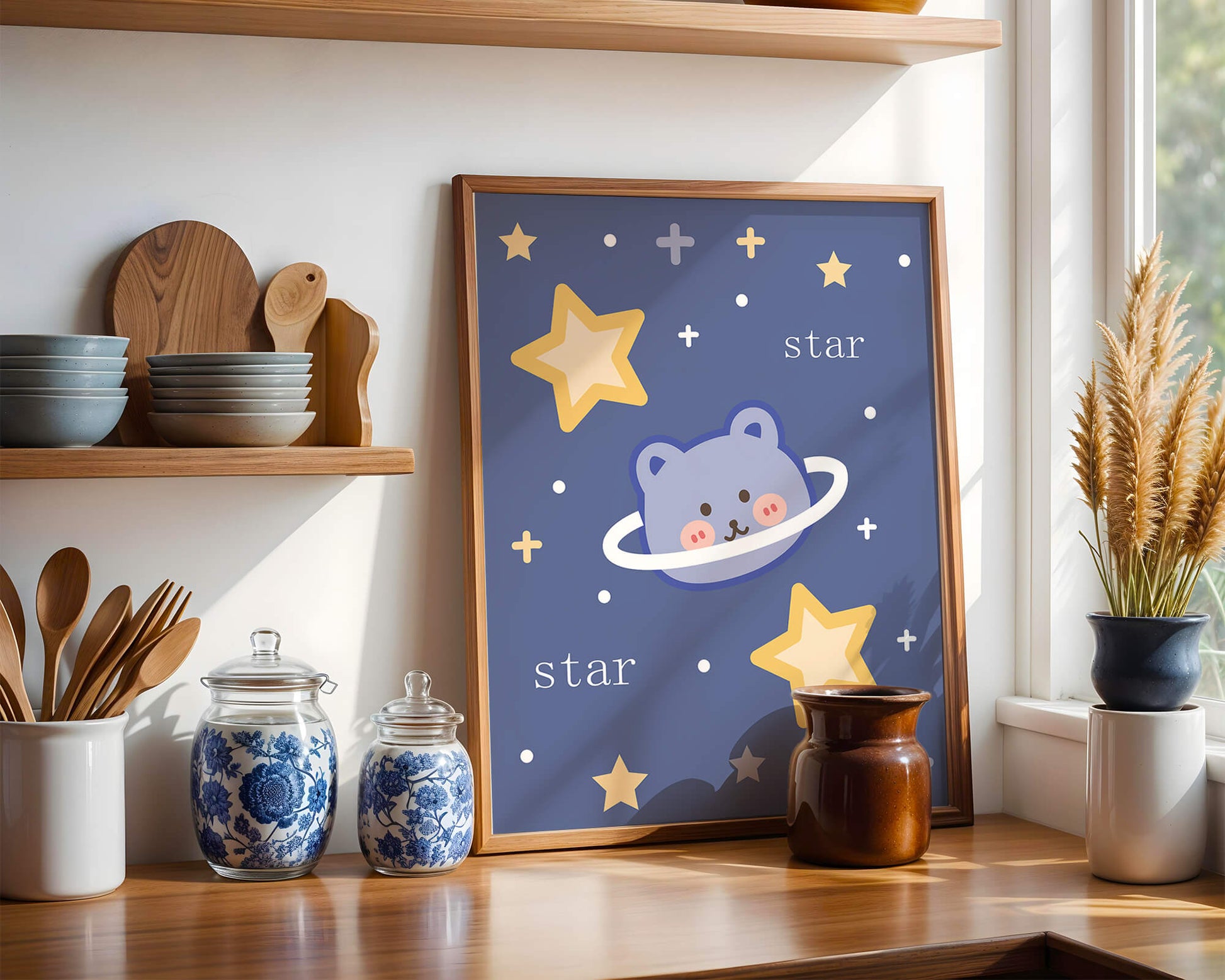 Adorable cartoon bear with stars on a blue background